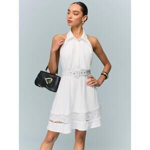 NWT Women's Commense White Linen Halter Belted Dress with Lace Hem Sz M